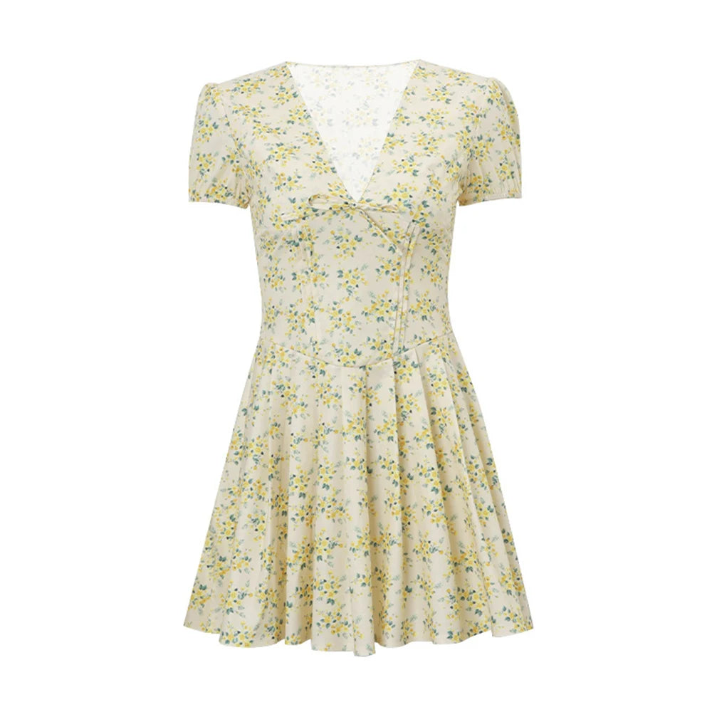 Printed V-neck Puff Sleeve Mini Dress