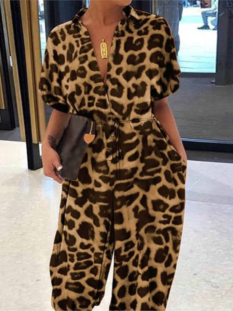 Women Elegant Leopard Print Pocket Rompers
