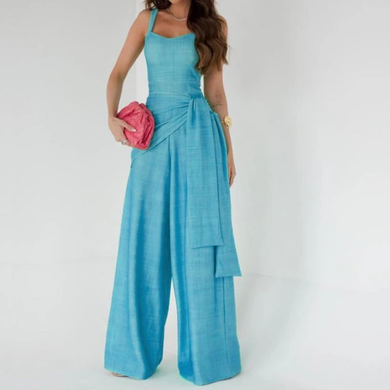Office Fashion Waist Lace-up Long Jumpsuits Women
