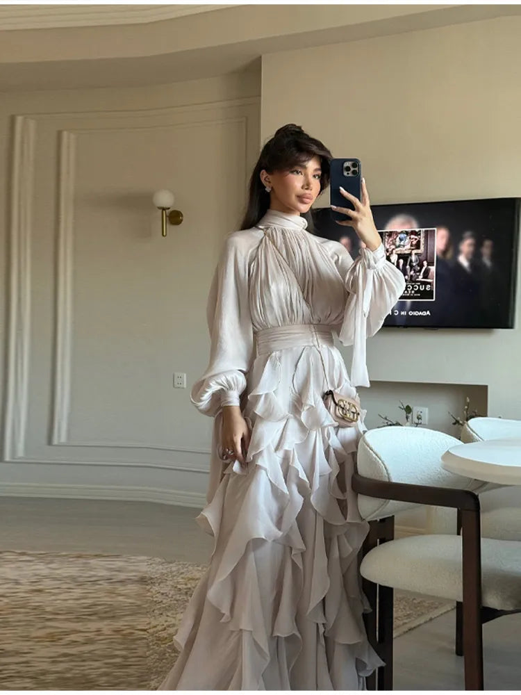 Elegant Pleated Multi-layer Ruffles Bow Collar Floor Dress
