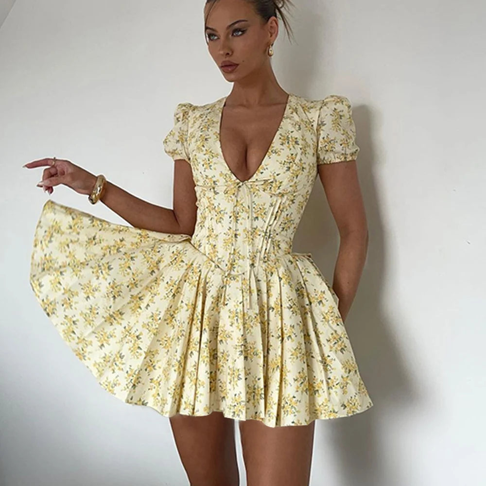 Printed V-neck Puff Sleeve Mini Dress