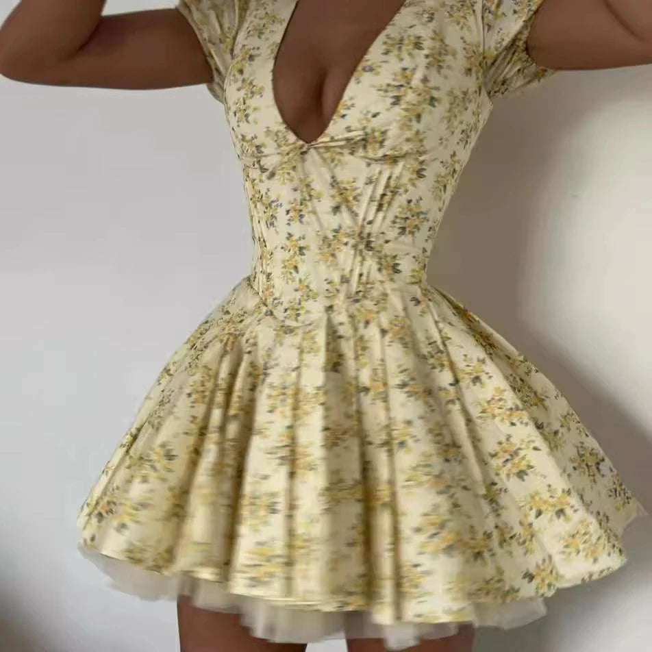 Printed V-neck Puff Sleeve Mini Dress