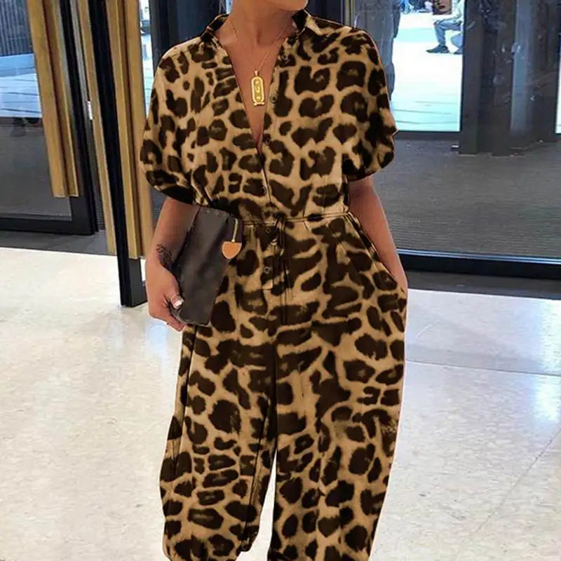 Women Elegant Leopard Print Pocket Rompers