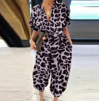 Women Elegant Leopard Print Pocket Rompers