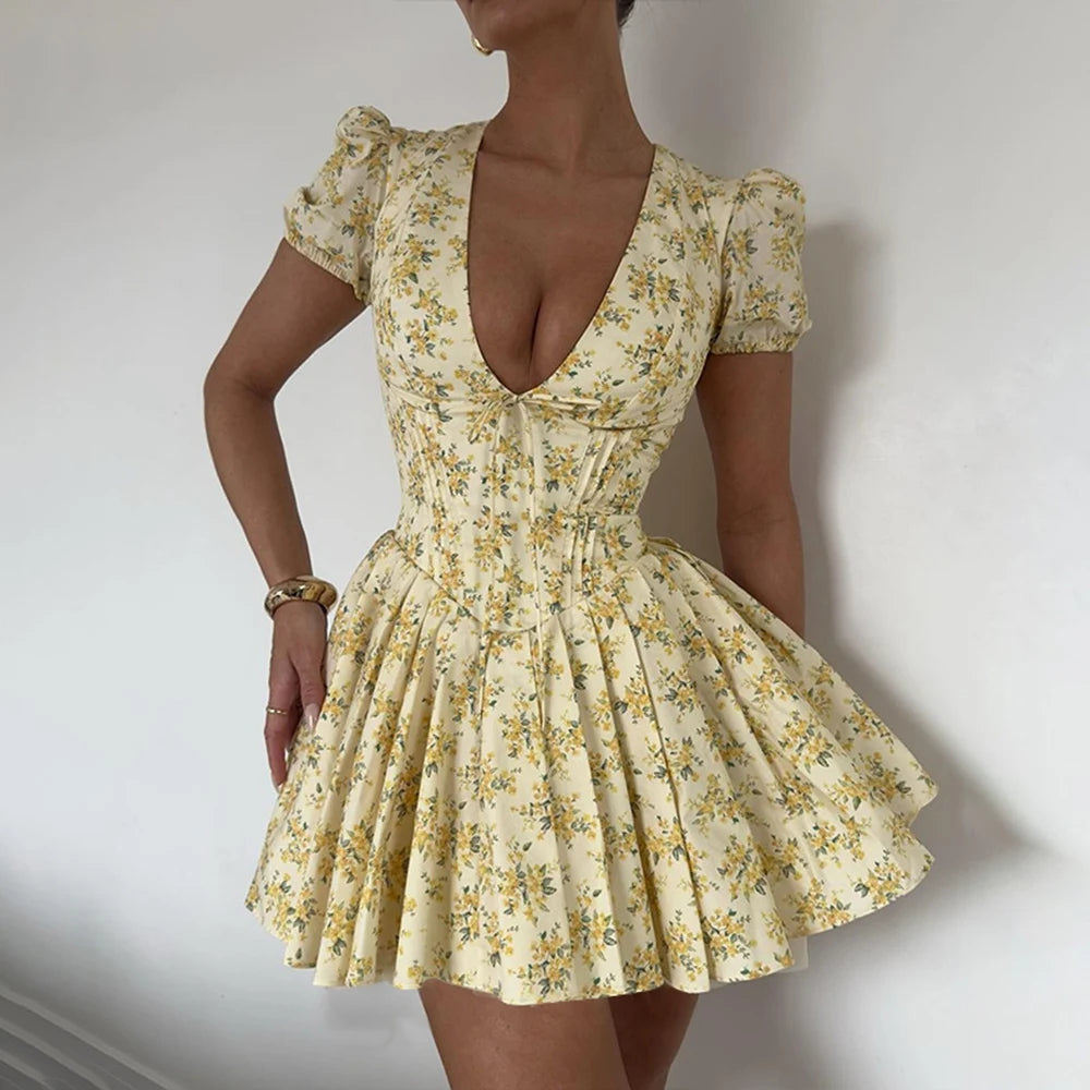 Printed V-neck Puff Sleeve Mini Dress