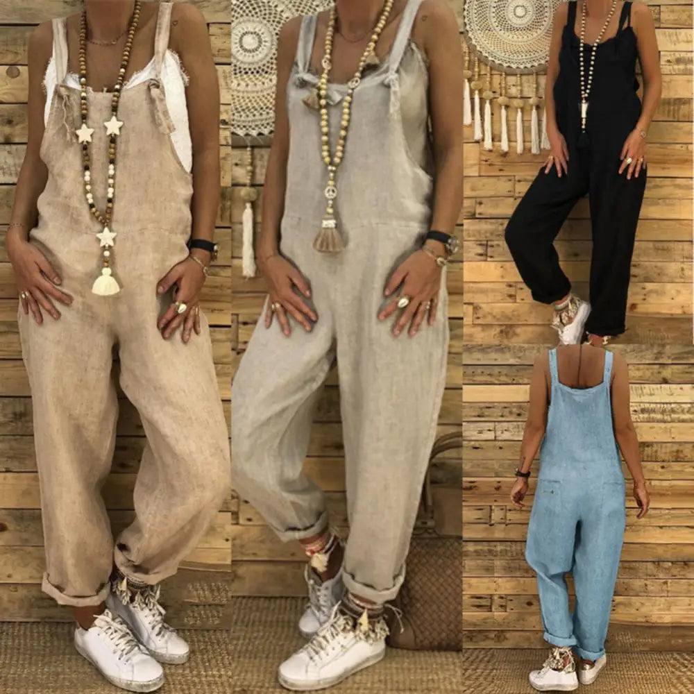 Woman Cotton Linen Suspender Pants