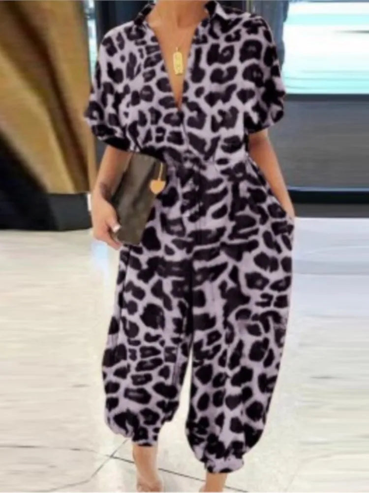 Women Elegant Leopard Print Pocket Rompers