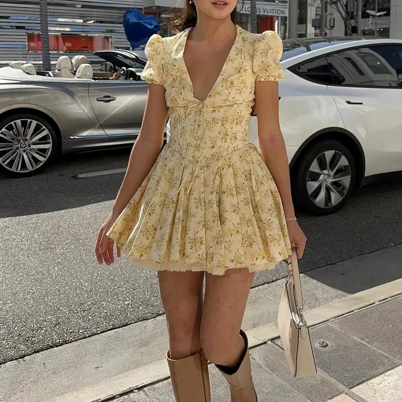 Printed V-neck Puff Sleeve Mini Dress