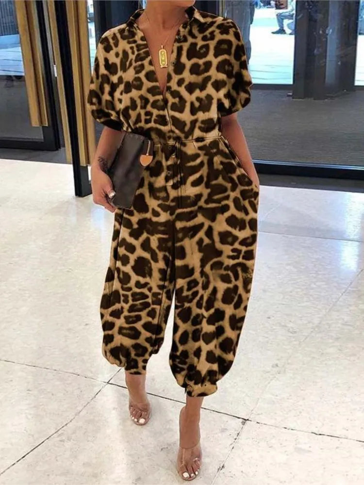 Women Elegant Leopard Print Pocket Rompers