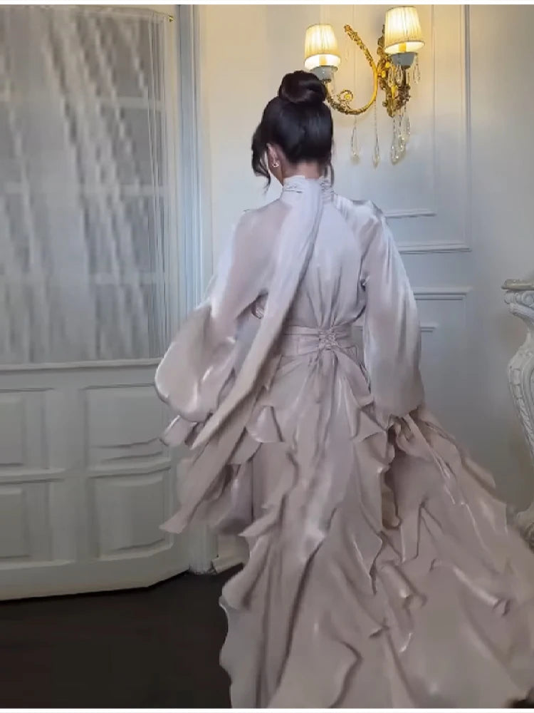 Elegant Pleated Multi-layer Ruffles Bow Collar Floor Dress