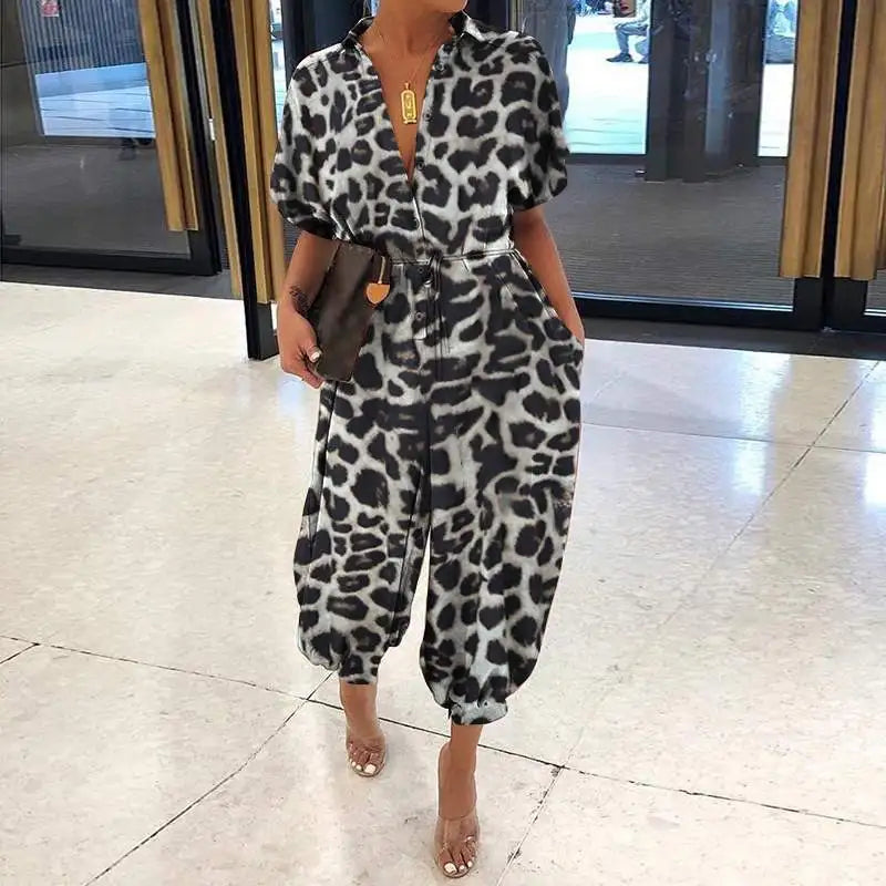 Women Elegant Leopard Print Pocket Rompers